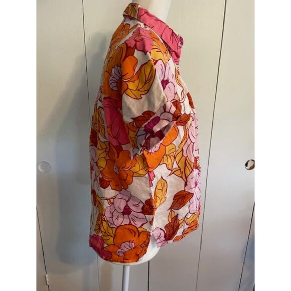 Rachel Women's Short Sleeve Hawaiian Floral 100% Linen Button Front Shirt - Picture 2 of 5